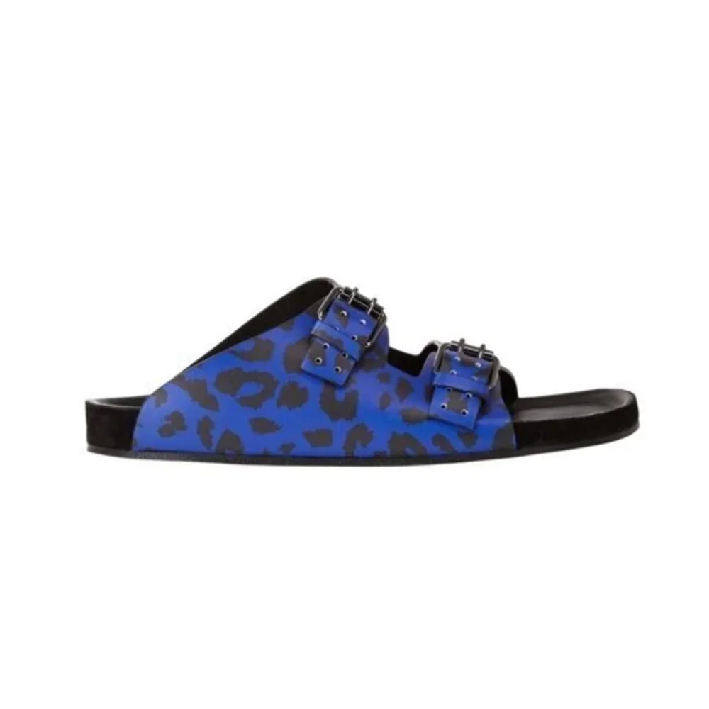 Blue Leopard-Print Leather Sandals With Adjustable Buckles & Stud Details By The